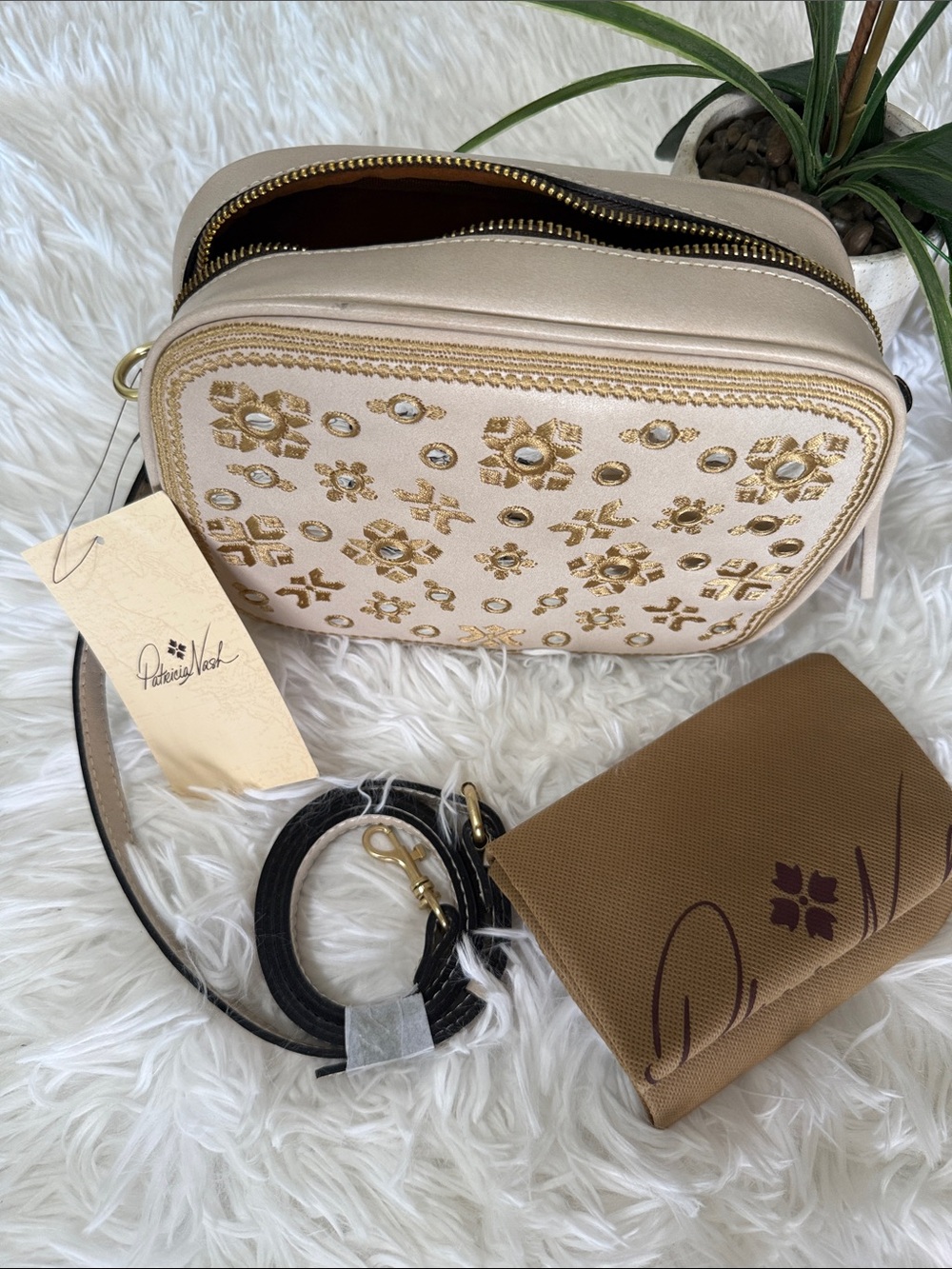 Patricia Nash Cream Cosmetic Case with Gold Stud and Embroidered Accents